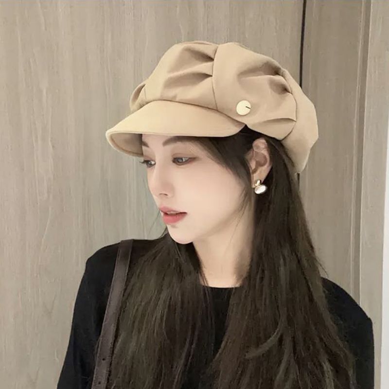 Picture of Showing Face Small Pleated Duck Tongue Beret Spring and Autumn All-match Casual Octagonal Hat Metal Label Soft Hat Street Hat Children's Trendy