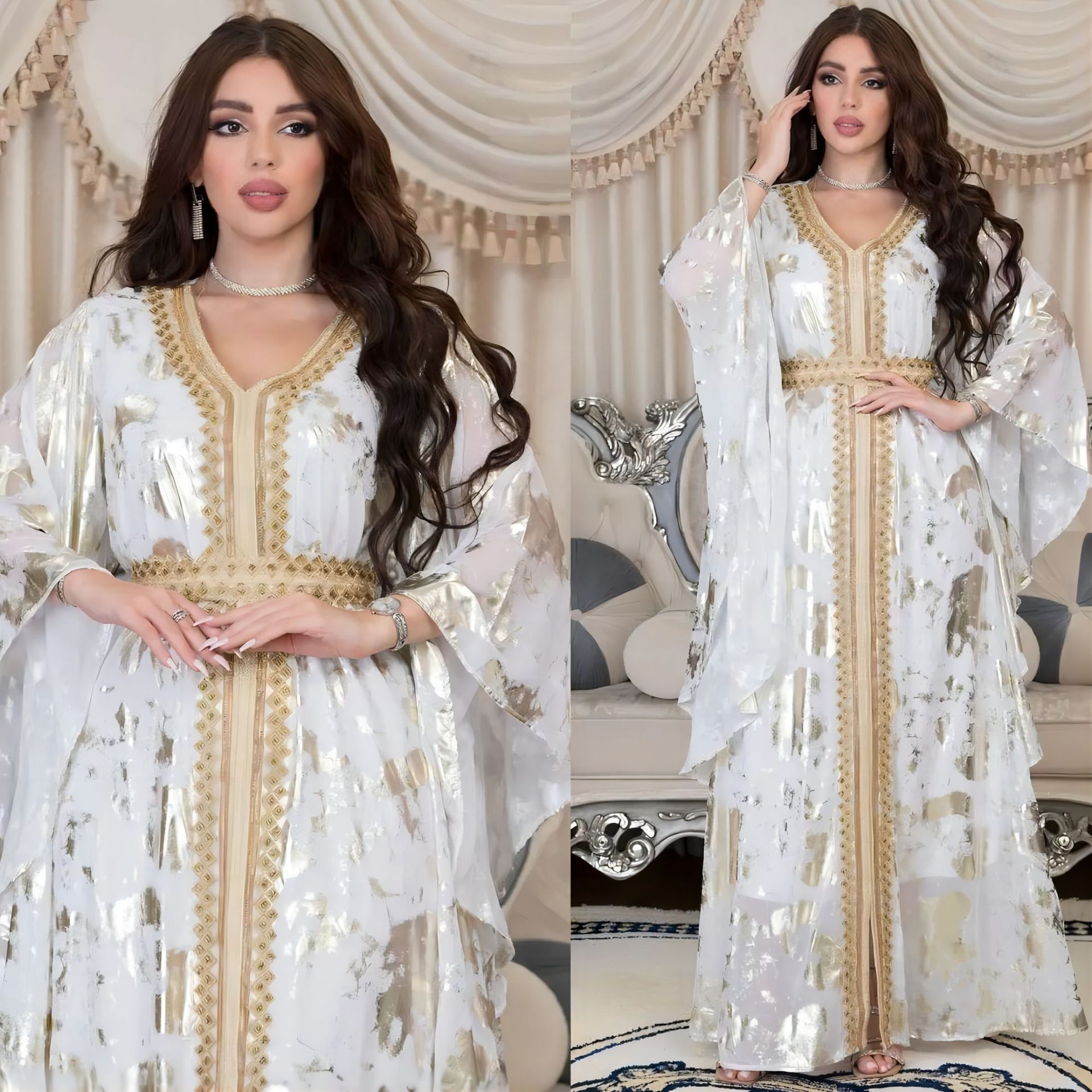 Picture of AB286 cross-border Middle East 2023 spring new Muslim chiffon bronzing robe with belt dress