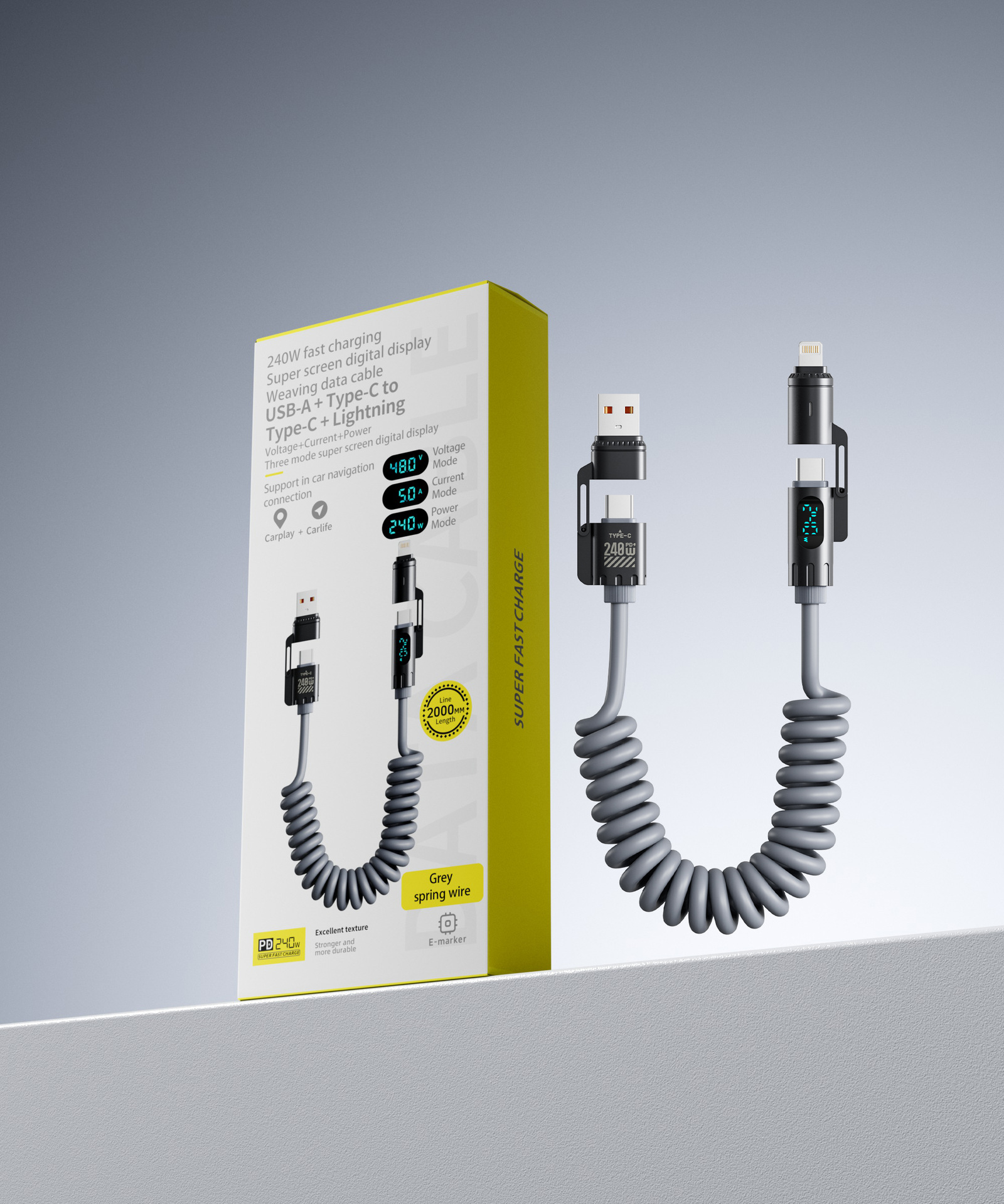 Picture of [Hot-Selling Overseas Model] Beimo 240W Super Fast Charging Digital Display Spring Data Cable Four-In-One Suitable for Huawei Apple