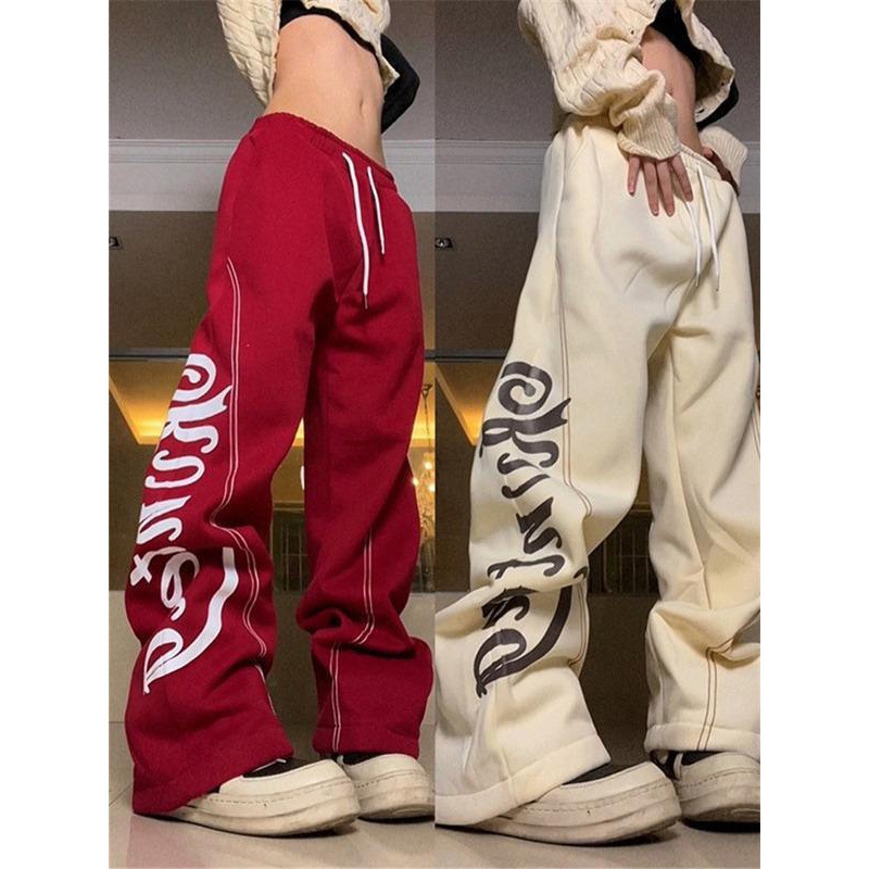 150.00kg Spring American Retro High Street Alphabet Pants Women's European and American plus size Straight Casual Sports Pants High Street Tide