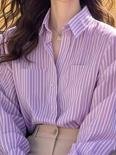 French Style Design Super Good-looking Purple Striped Long-sleeved Shirt Loose Lazy Spring and Autumn Women's 2025 New