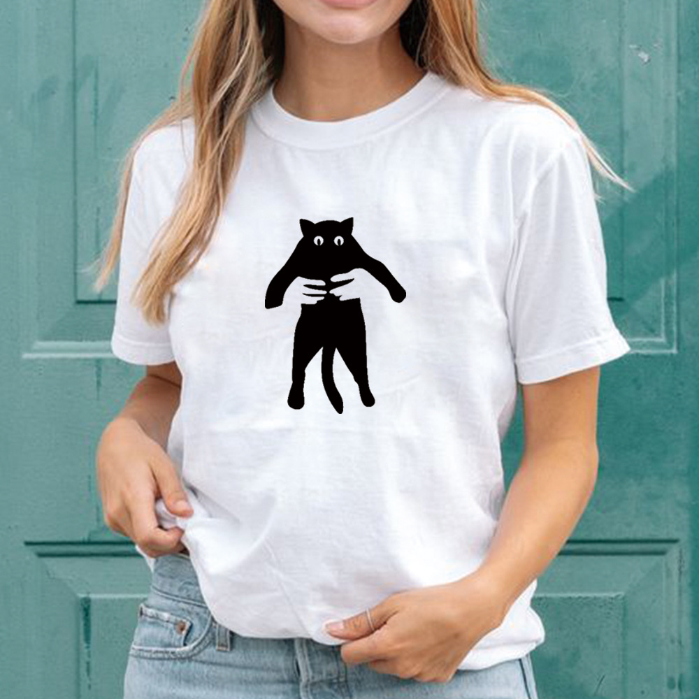 2021 Amazon women T-shirt women's European and American cat print round neck Loose women's Short Sleeve