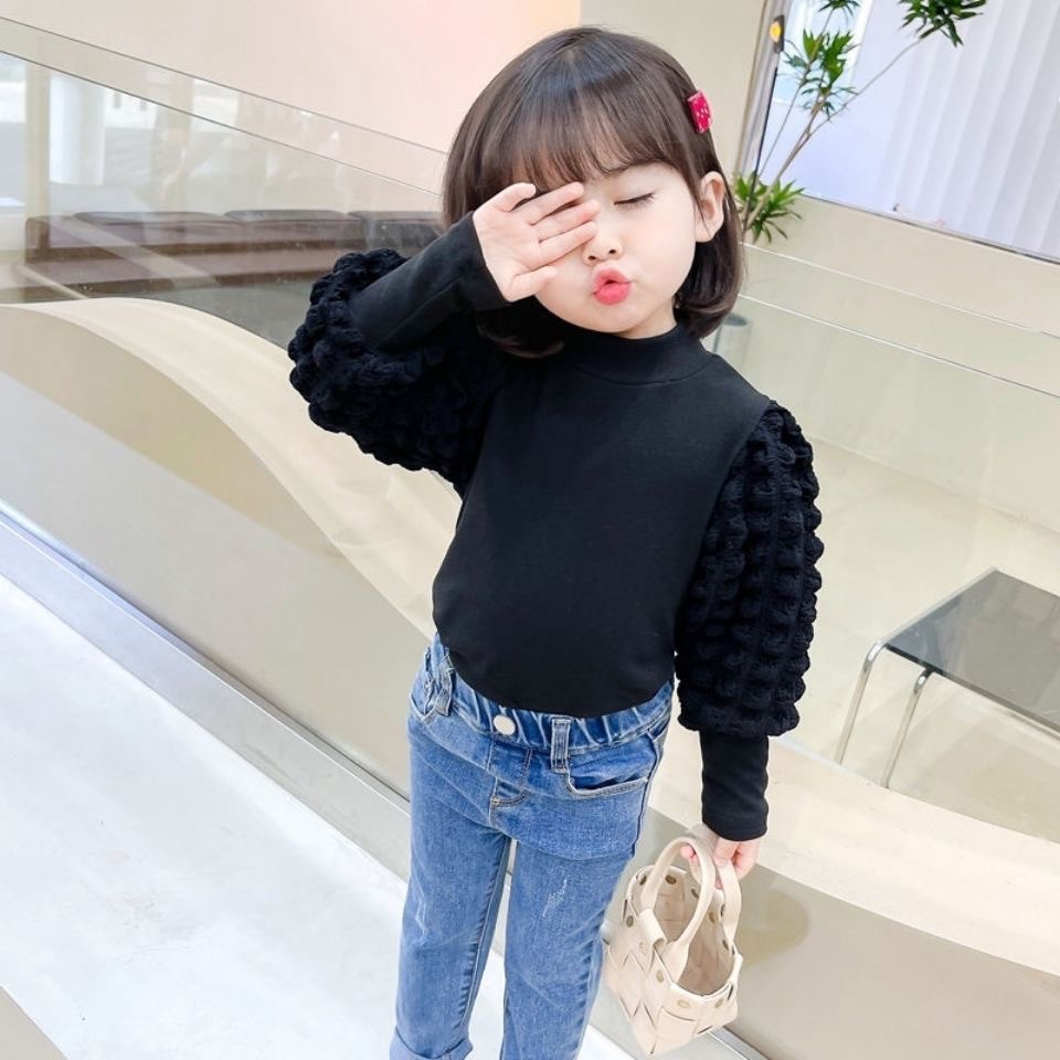 Picture of Girls' Base Shirt Spring and Autumn 2024 Half High Collar Bubble Sleeve Thickened Children's Long Sleeve T-shirt Girls' Top Cross-border