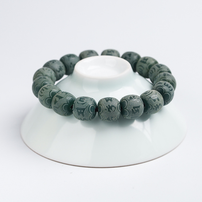 Picture of Green Bodhi Root Wen Play Single Circle diy Craft Carving Buddha Beads Bracelet Weathering Green Yin Skin Carving Six-Character Mantra