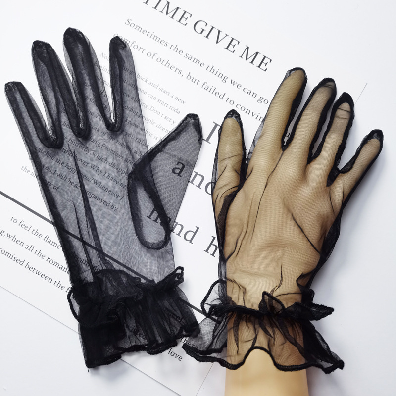 Picture of Transparent Short COS Gloves play Colorful Mesh Bag Finger Wedding Evening Dress Sexy Accessories Black Lace DIY