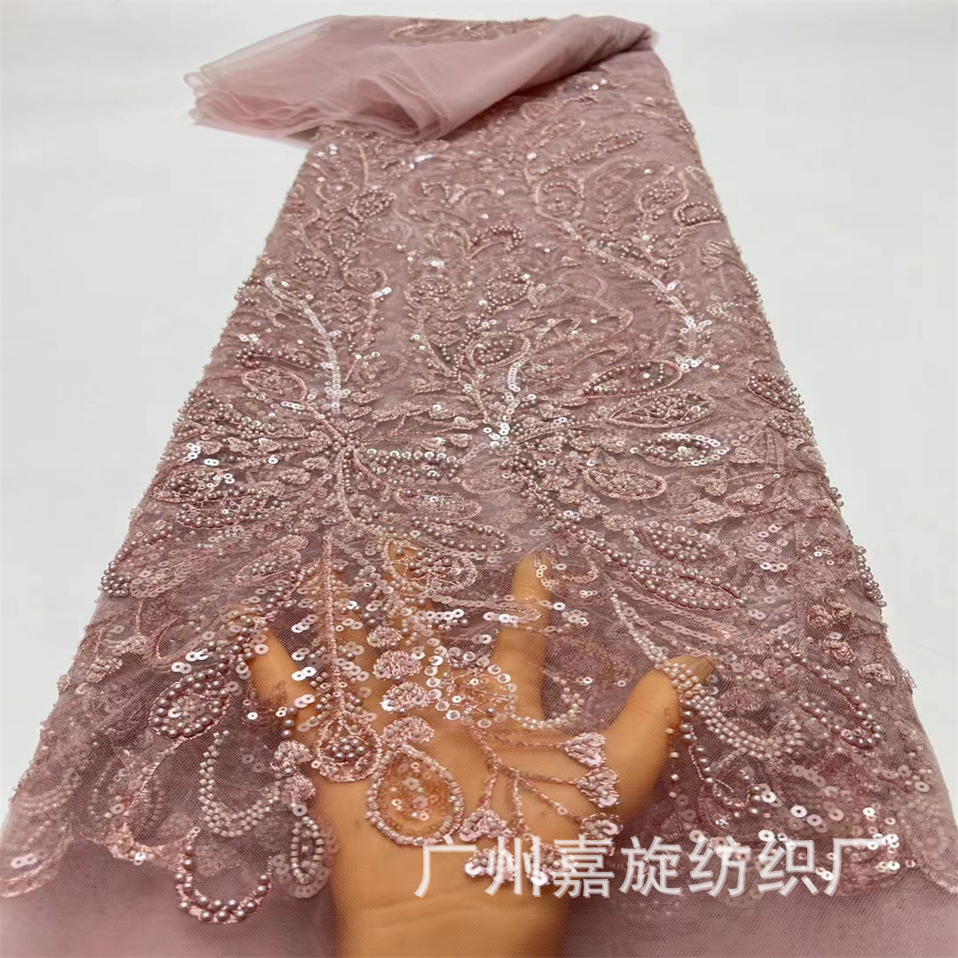 French handmade wedding dress bead tube embroidery cloth bubble beads sequins lace banquet clothing African fabric JX4133