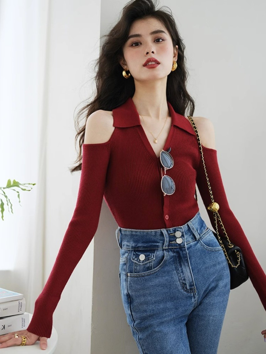 Picture of Polo Collar Knitted Cardigan Red Base Shirt Women's Autumn and Winter Western-style Fur Inner Sweater Hanging Neck Shoulder Top