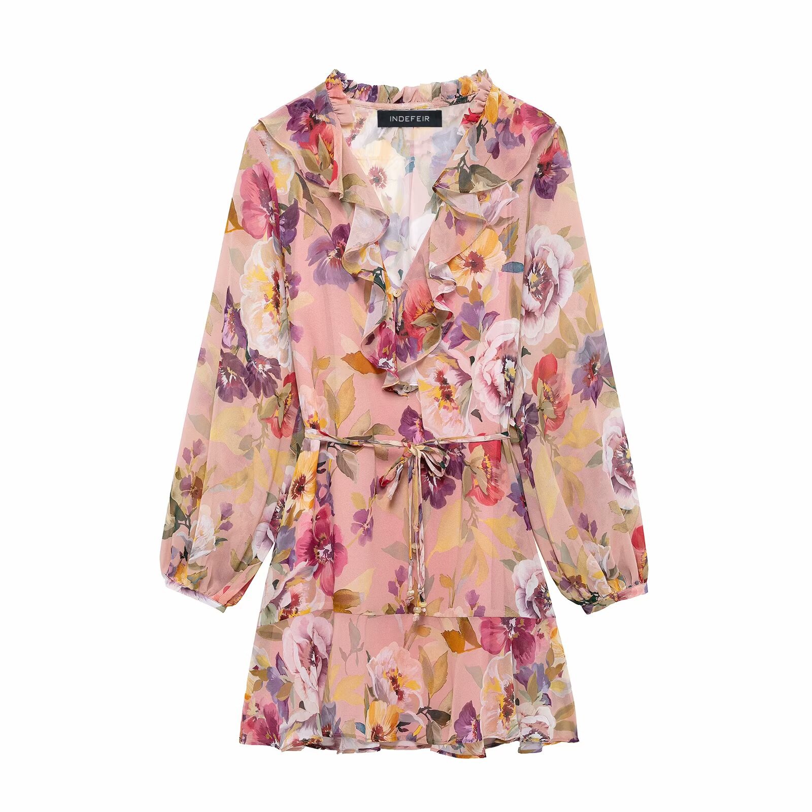 French Floral Print Laminated dress Women's 2025 New Style Spice Girl Vacation V-neck Ruffled Short Skirt