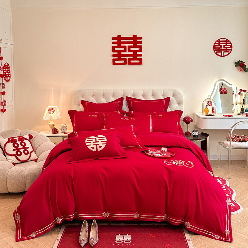 Picture of High-end European-style Wedding Four-piece Cotton Big Red Embroidered Sanding Quilt Cover Wedding Bedding Accompanying Wedding Room