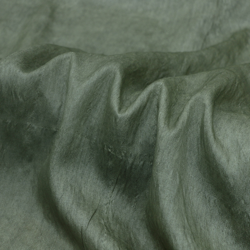 Dirty Gray-Green Natural Tussah Silk Old Material Dirty Dyed Fried Tussah Silk Fabric Old Literary Style Niche Design Fabric