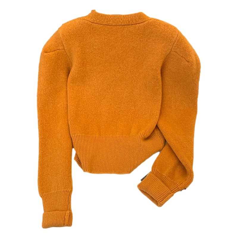Orange retro short sweater women's autumn and winter sweet bow knitted cardigan small long sleeve top coat