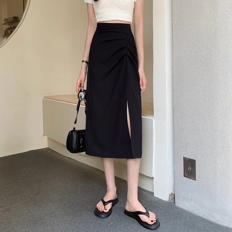 2023 Summer plus size Black Skirt Women's High Waist Slimming Mid-length Skirt Pleated Split A- shaped Hip apricot
