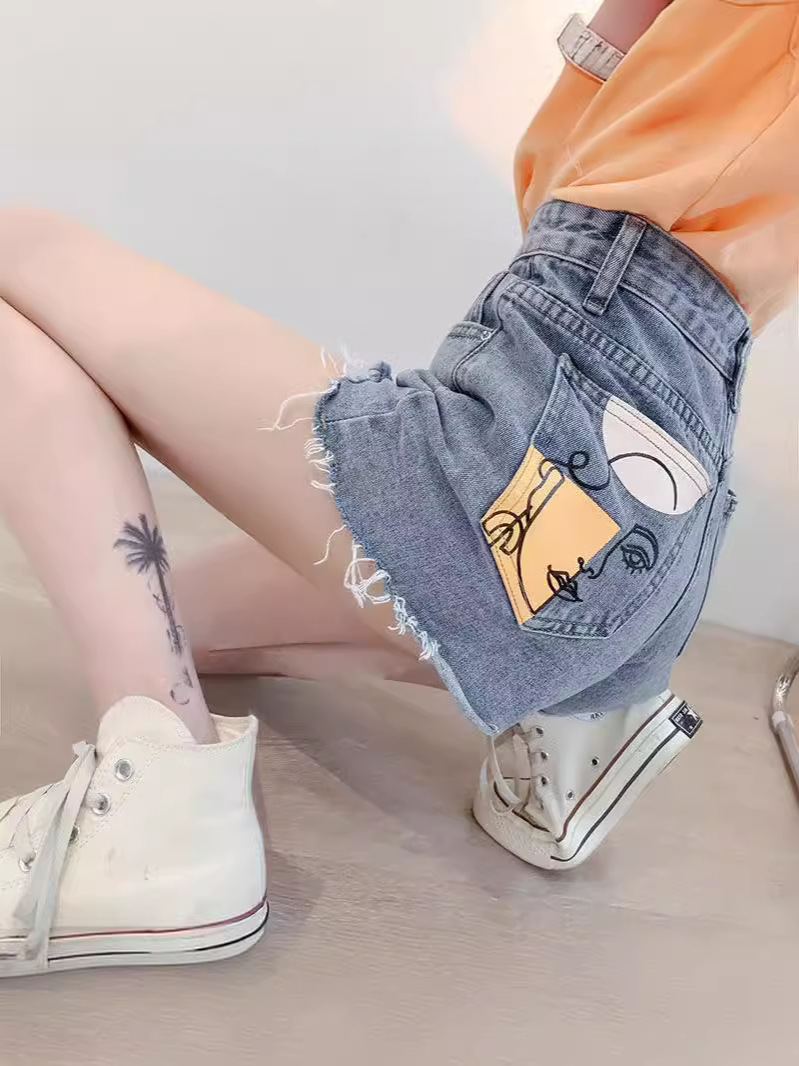 Denim Shorts Large Size Loose Raw Edge Denim Shorts Women's Summer High Waist Slim Personalized A-line Wide Leg Hot Pants