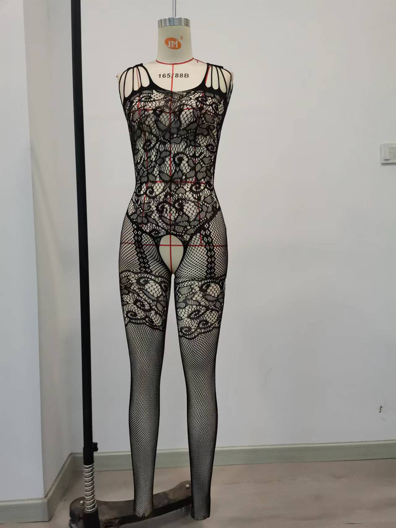 European and American Sexy Strap Pajamas Jacquard Hollow Open File Free Uniform Garter Full Body Fishnet Stockings