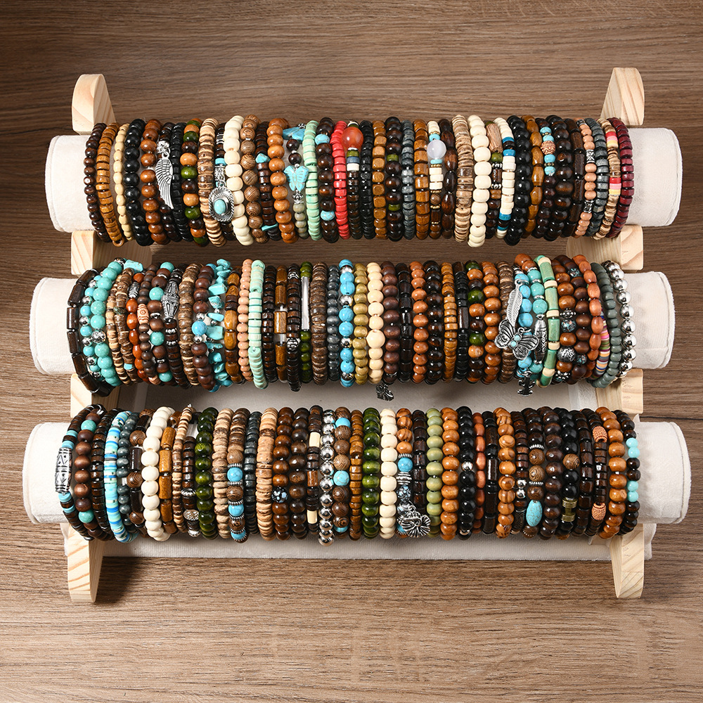 Cross-border new products in stock supply retro style turquoise butterfly wooden beads beads elastic line 45-piece set of random hair string