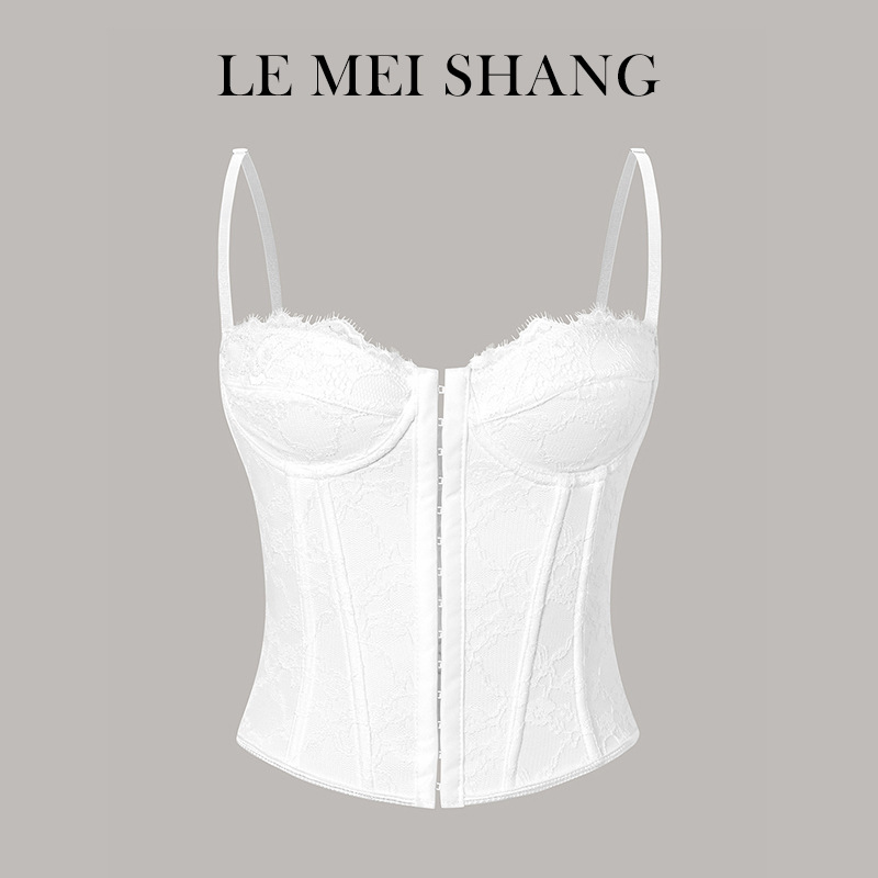 Cross-Border Ins Women's Fishbone Steel Ring Wrapped Chest-Breasted Backless Vest European and American Style Sexy Pure Color Lace Suspender Belt