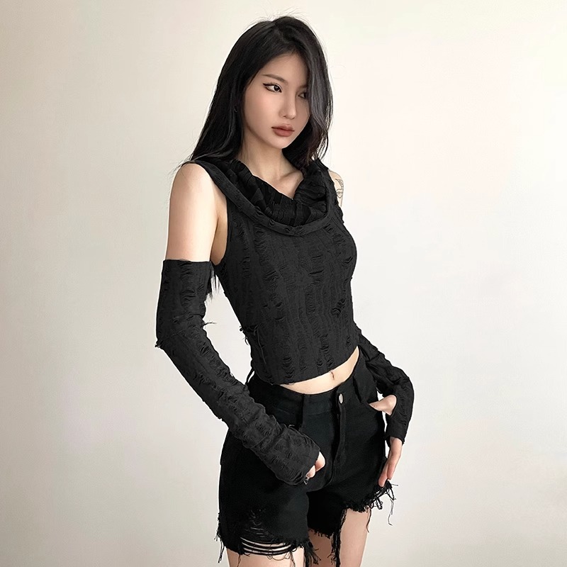 Official figure real price waste soil wind sweet hot girl short sleeve top women's spring and summer hole vest hooded base shirt T-shirt