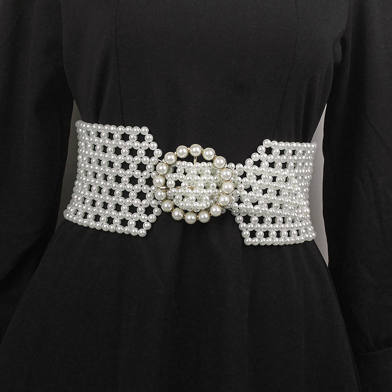 Picture of Fashion Sweet Elegant String Pearl Belt Elastic Wide Diamond Waist Seal European and American Retro Dress Decorative Belt for Women