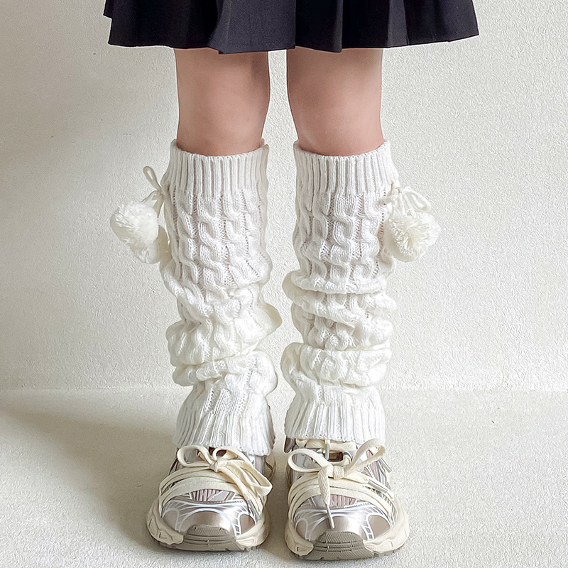 Picture of Children's Socks Autumn and Winter Fur Ball Long Tube Stacked Socks Lolita Vintage brown Thickened Warm Twist Leg Cover
