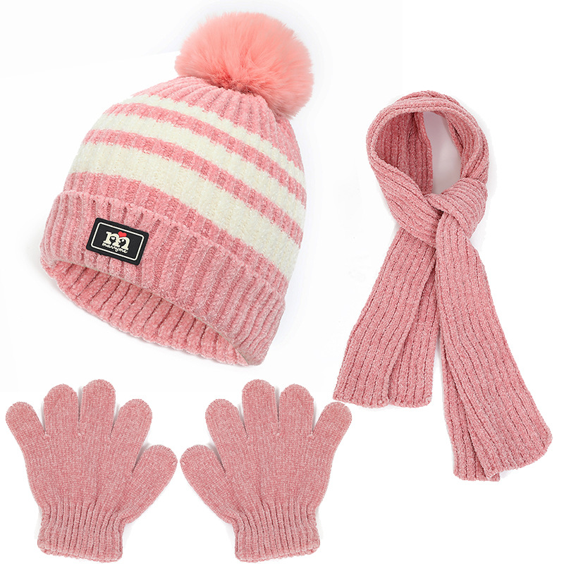 European and American children's hat scarf gloves three-piece set autumn and winter chenille fleece-lined warm thickened knitted hat suit