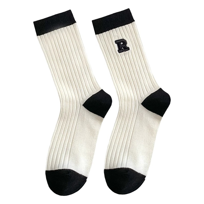 Black and White Stockings Women's Trendy Spring and Summer Solid Color Korean Style Sports Stockings Striped Mid-length Stockings High-tube Thin Piled Stockings