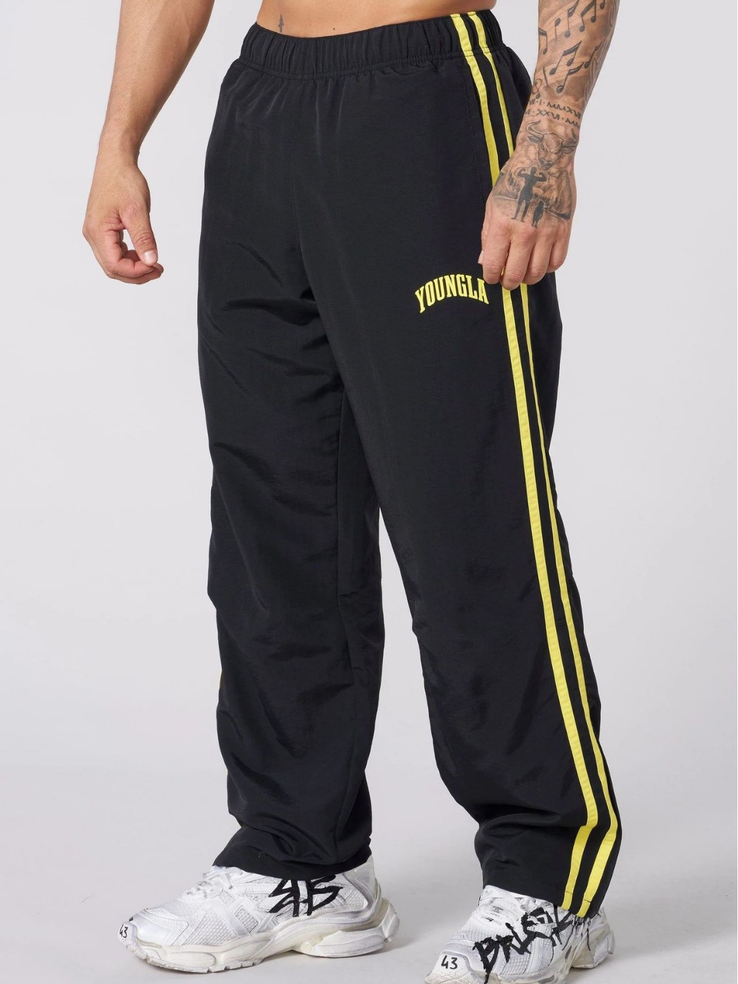 Youngla Men's Sports Pants Double Strip Spliced Printed Casual Pants Gym Sports Fitness Mid-Waist Straight-Leg Pants