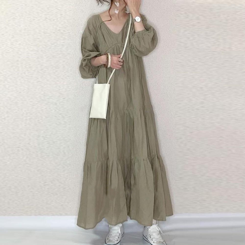 Japanese Style Loose Large Size V-Neck Long-Sleeved Dress 2024 Spring and Summer Ruffled Puffy Long Dress Doll Dress
