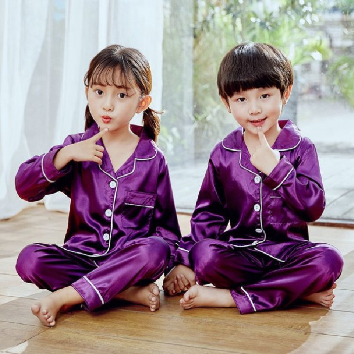 Picture of Spring and Summer Children's Pajamas for Boys and Girls Solid Color Silk Cardigan Long Sleeve Trousers Children's Home Clothes suit