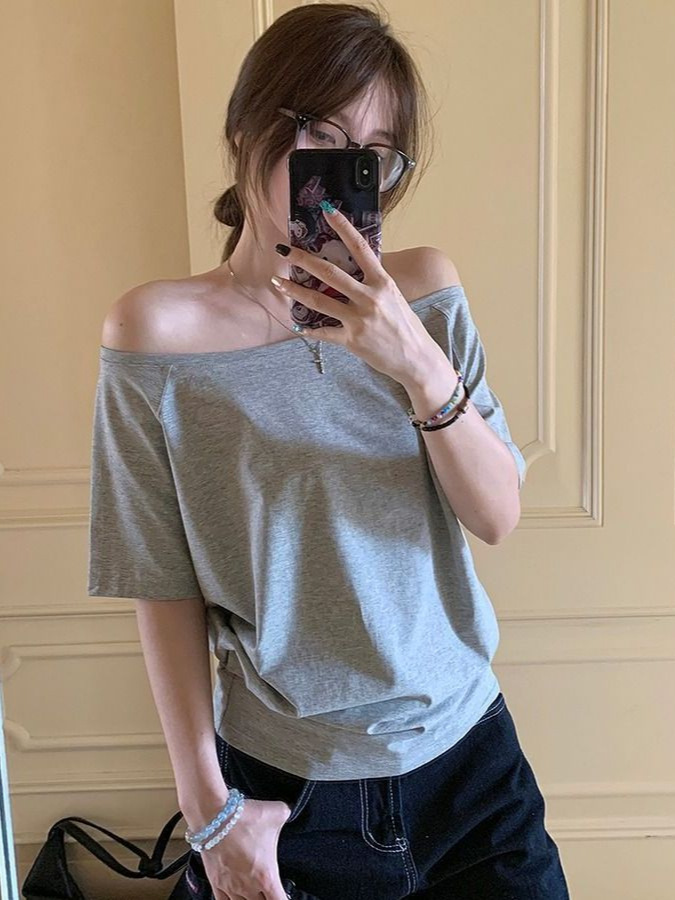 2025 New Summer Design Loose Elastic One-Shoulder Niche Tops Women's Short-Sleeved T-Shirts Are Versatile and Slimming
