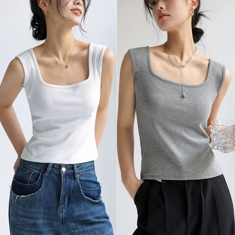 Anti-running Threaded Camisole Women's Summer New Inner Square Collar Base Shirt Wide Shoulder Strap Sleeveless Top All-match