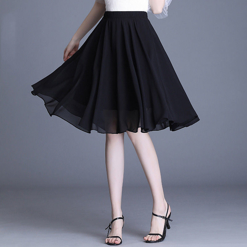 Chiffon Skirt Women's Short Skirt Summer New High Waist A- Line Skirt plus size Black Dipping Umbrella Skirt Large Swing Half Skirt