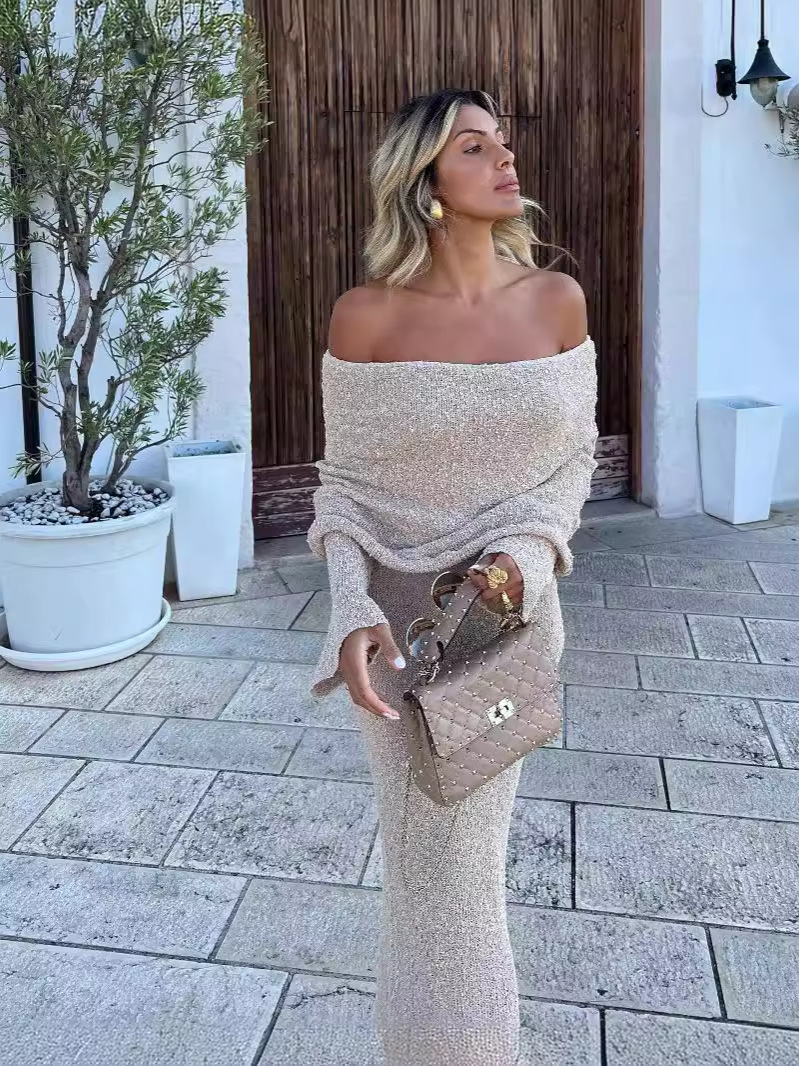 Picture of One-character Collar Party Long Dress Long Sleeve Sexy European and American Cross-border Perspective dress 2024 Autumn New Dress Women's Wear