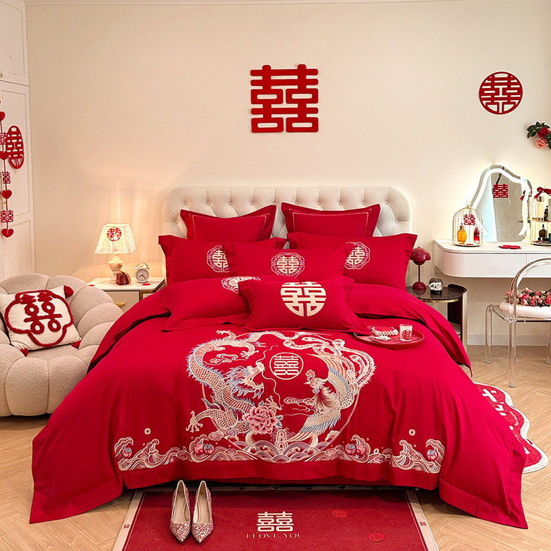 Picture of High-end European-style Wedding Four-piece Cotton Big Red Embroidered Sanding Quilt Cover Wedding Bedding Accompanying Wedding Room