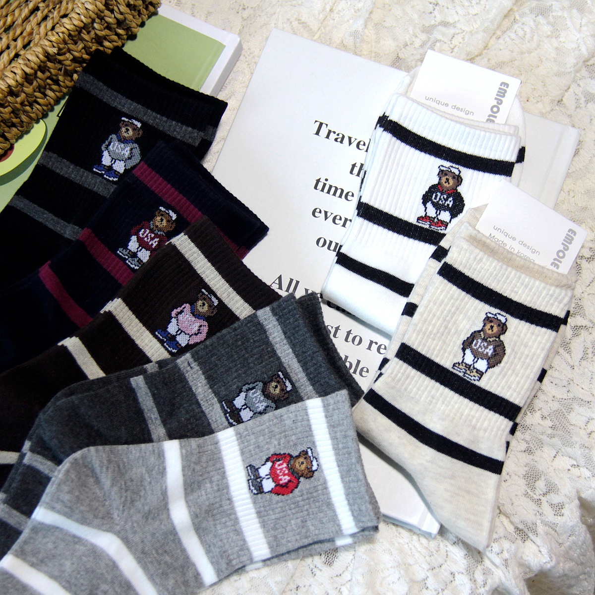 New in Stock Women Cotton Socks Striped Casual Adult Socks British Bear High Top Socks EMPOLE Korean Socks