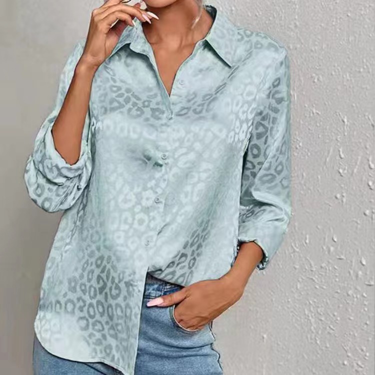 Picture of 2025 Europe and the United States Amazon cross-border new satin temperament commuter loose long sleeve jacquard leopard print shirt women