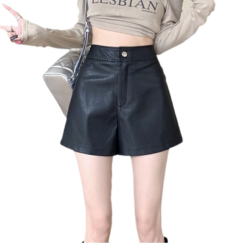 Pu Leather Pants Shorts High Waist Slim Black Wide Leg Pants Casual A-Line Hot Pants Fat m Small Fashion Sister Boot Pants