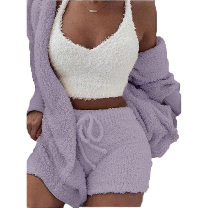 in stock Cross-border Women's Clothing Europe and America 2022 Autumn and Winter Plush Home Clothes Casual Three-piece Jacket Long-sleeved Navel Vest