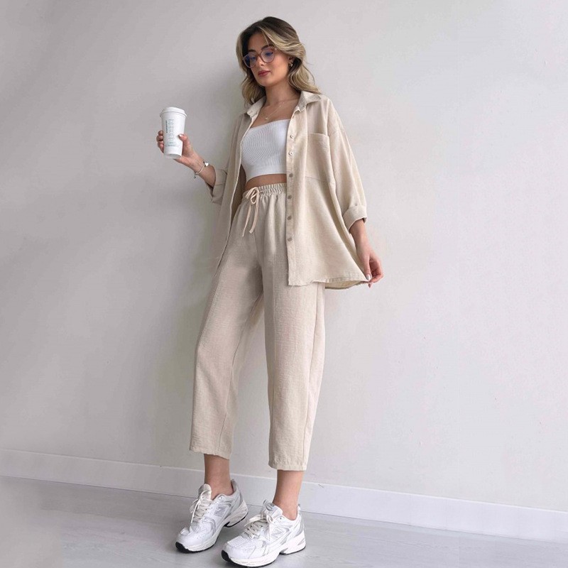Picture of European and American Plus Size Women's Clothing 2025 Autum New Casual Loose Shirt Jacket Nine-Point Sports Harem Pants Two-Piece Set