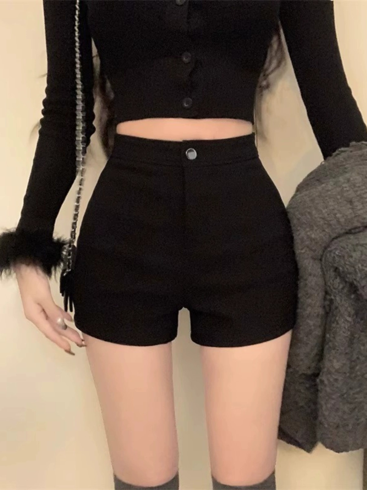 20 pants new style thick high waist slimming autumn and winter American fleece-lined short wear 23 warm casual pants for women