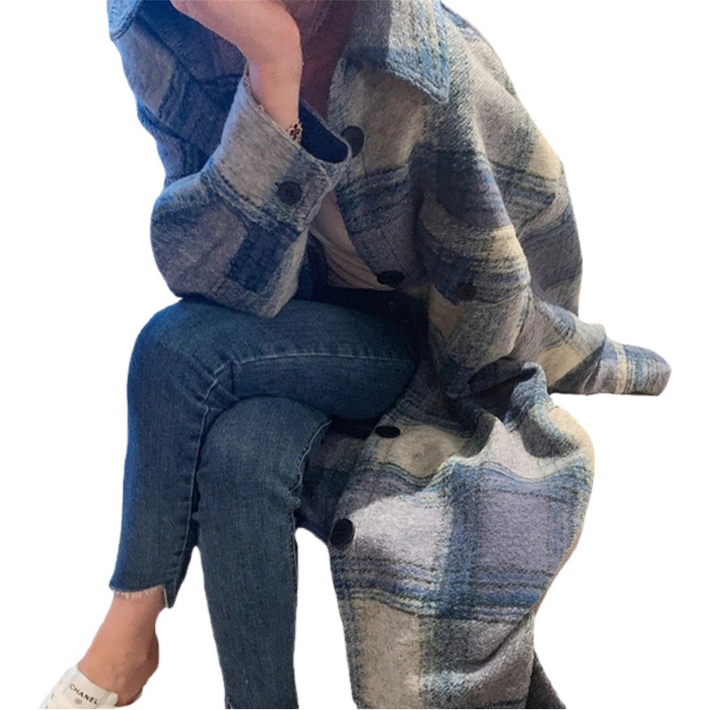 French Niche 2022 Spring New Loose Double Pocket Wool Coat with Profile Plaid Long Coat for Women