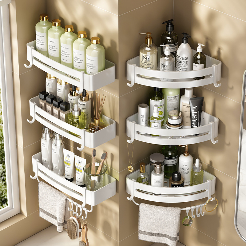 Picture of White Toilet Bathroom Storage Rack Hole-free Shower Wash Table Toilet Bathroom Wall-mounted Storage Triangle