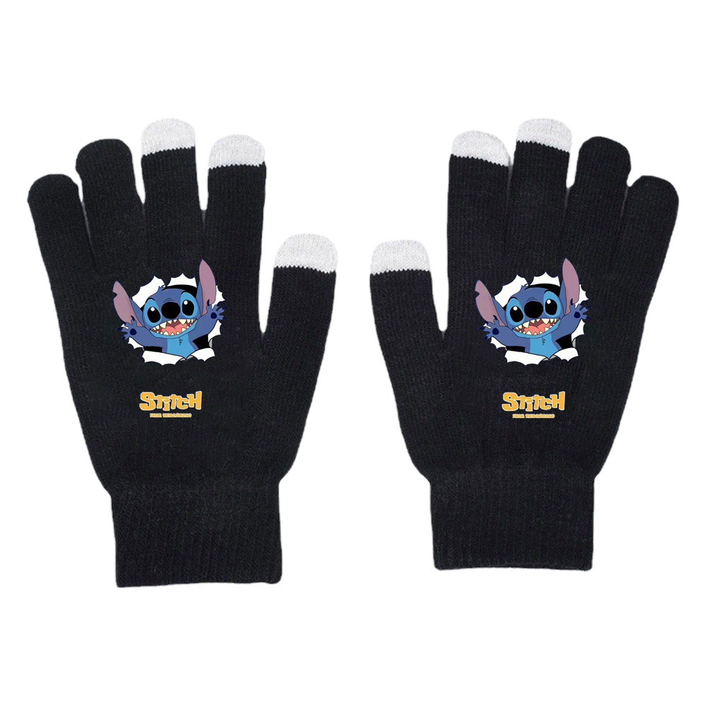 Stitch Stitch Gloves Star Baby Autumn and Winter Warm Touch Screen Gloves Solid Color Printed Black Knitted Gloves