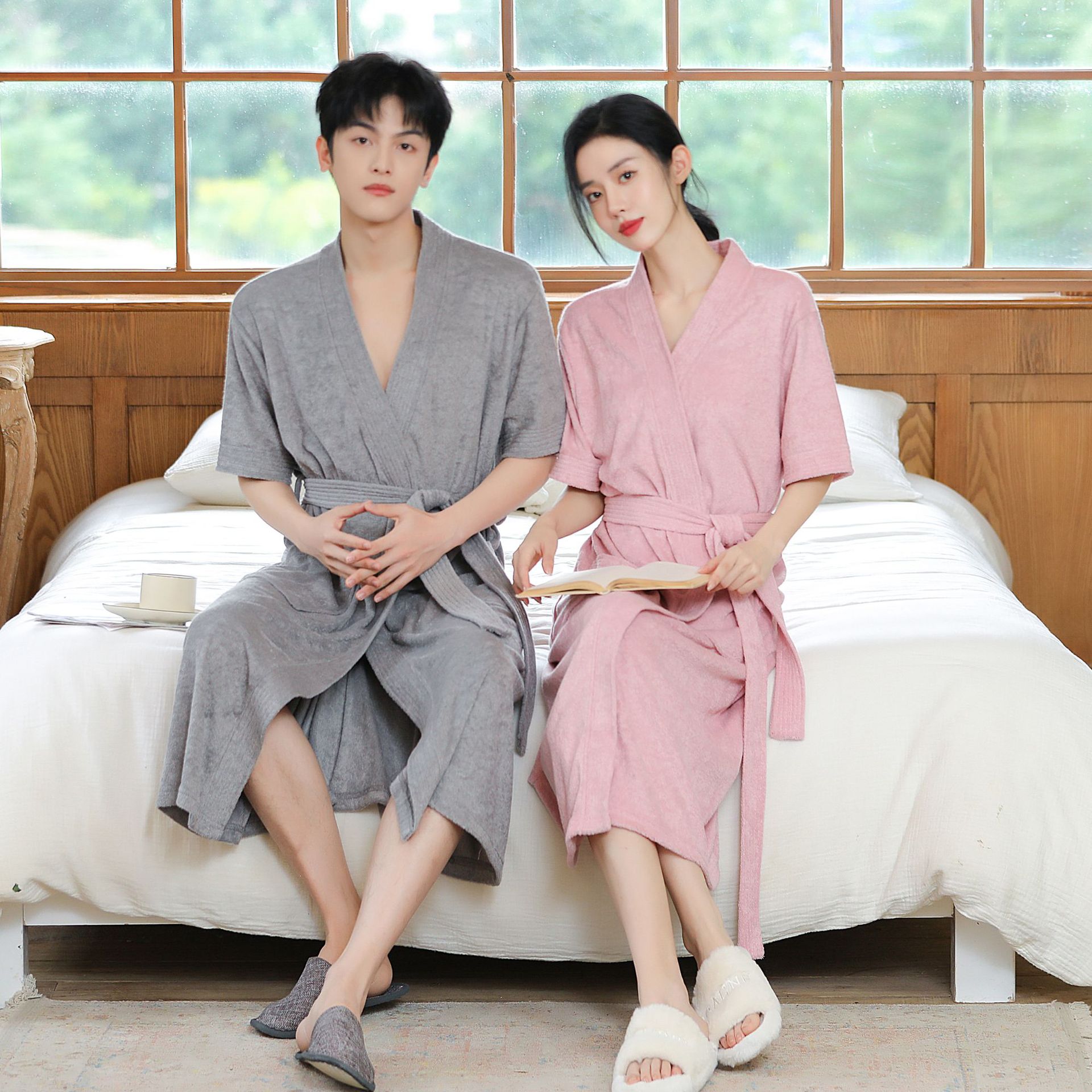 Tiktok same style loose pajamas women's home wear bathrobe towel thin short sleeve nightgown absorbent quick-drying bathrobe