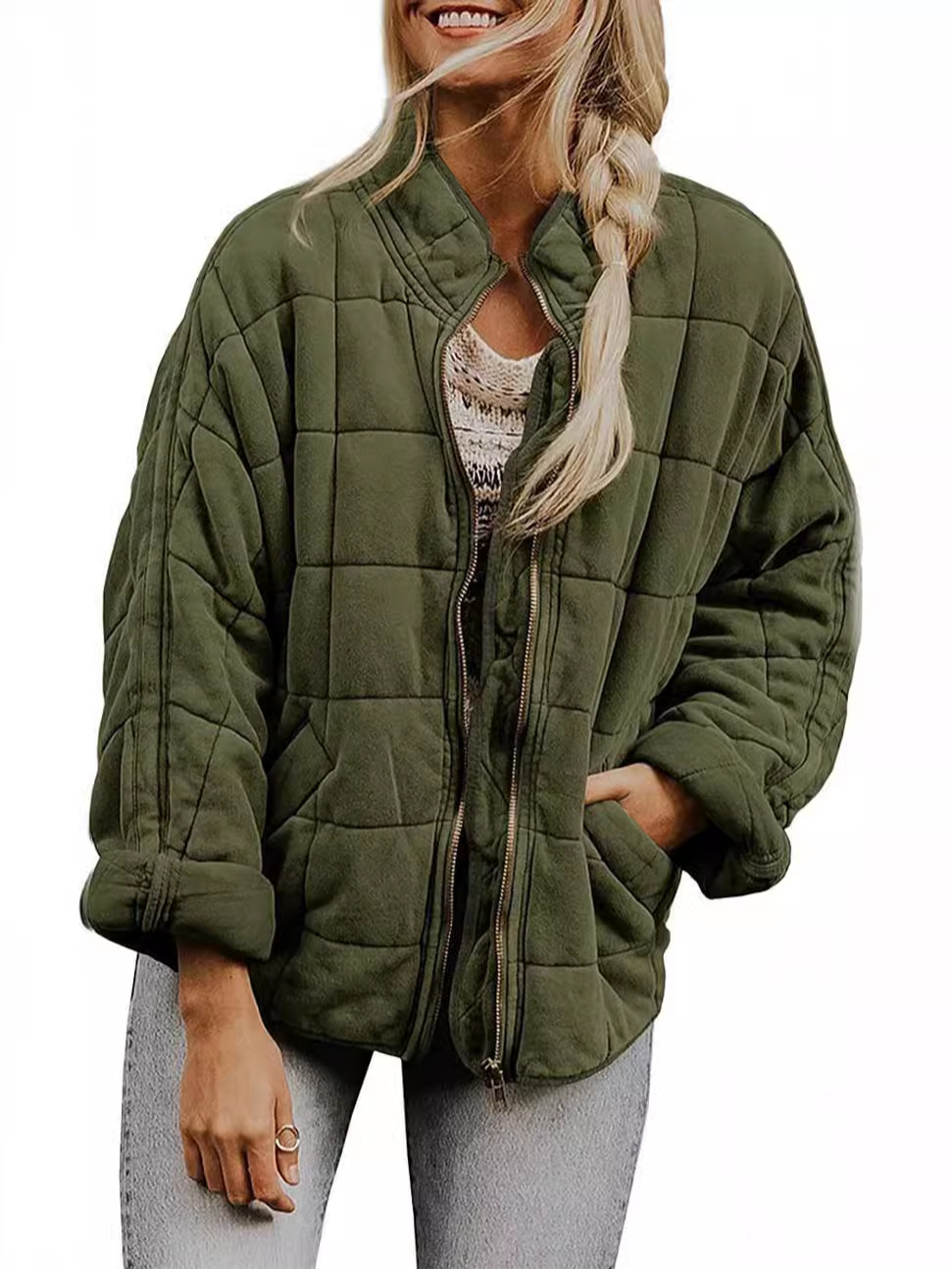 Picture of Cross-border foreign trade Amazon solid color stand collar cotton-padded jacket 2024 European and American women's loose long sleeve pocket jacket