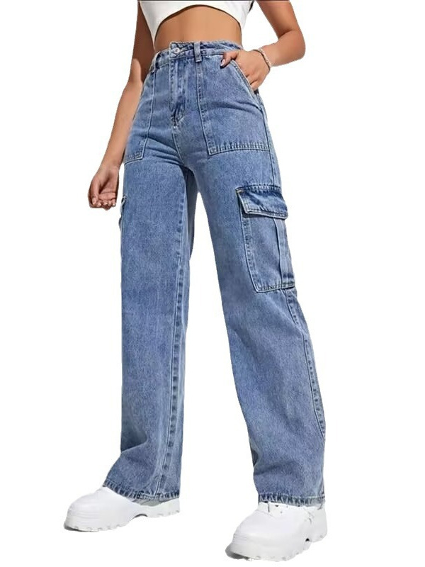 Picture of Foreign Trade Work Jeans for Women 2024 Spring & Fall New Amazon Ebay Hot Selling Multi-Flap Pocket Pants Wide-Leg Casual Pants
