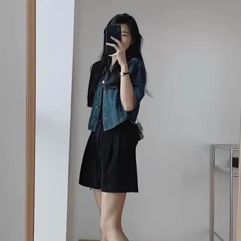 Picture of 2024 Summer New Vintage Short-sleeved Top for Little Denim Shirt Thin Outer Denim Coat for Women