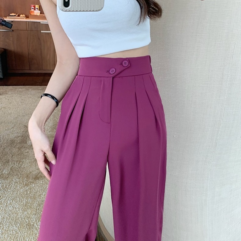2022 Summer Thin Pants Women's Raspberry Color New Fashion Wide Leg Suit High Waist Dape Straight Trendy Floor Pants