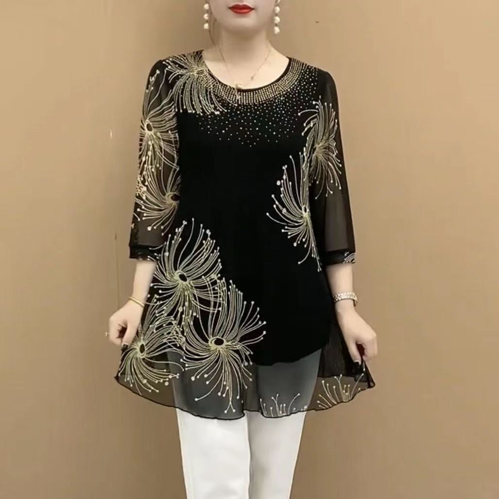 Picture of 2024 Spring and Summer Fashion Seven-point Sleeve Mesh T-shirt Small Shirt for Middle-aged and Elderly Mothers Summer Dress Round Neck Half Open Neck Hollow
