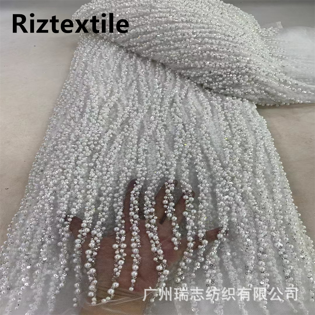 Bridal beaded lace French wedding dress large beads striped lace bead tube fabric high set dress accessories