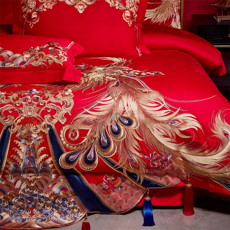 Picture of High-end wedding 160 long-staple cotton embroidery wedding four-piece cotton satin red six-piece/ten-piece set